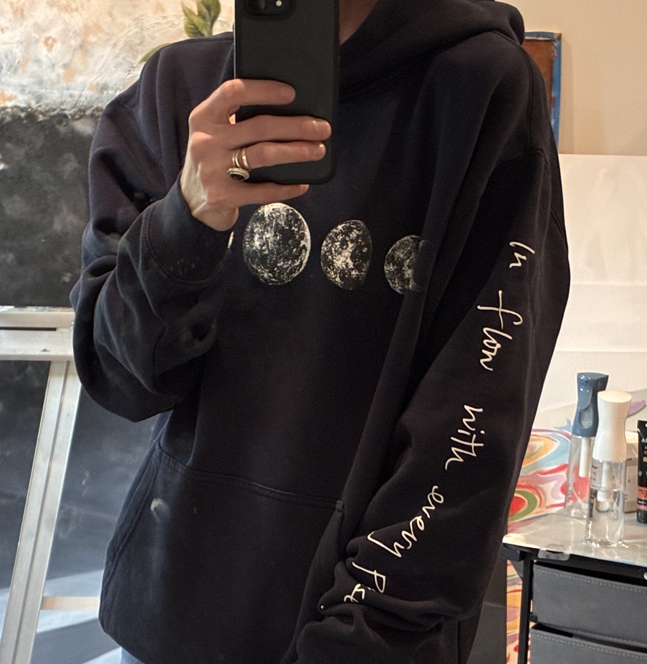Moon Phase Hoodie worn, relaxed oversized fit