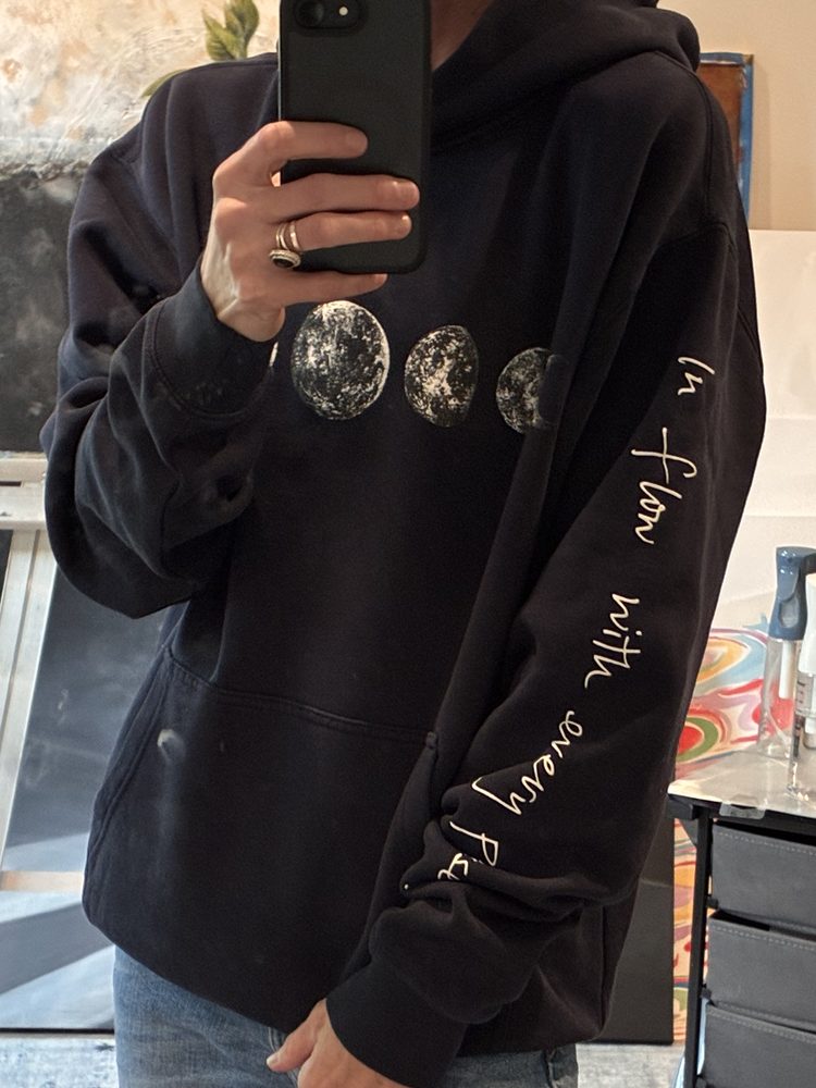 Moon Phase Hoodie worn, relaxed oversized fit